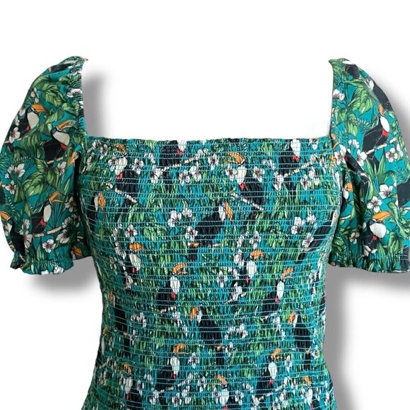 Dolan Womens Top Sz Small Green Toucan Tropical Floral Smocked Puff Sleeve Shirt - Picture 5 of 9